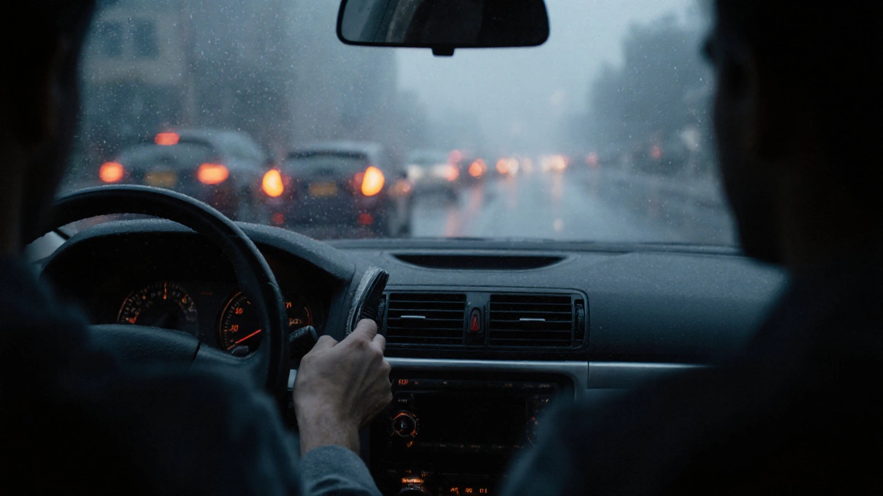 Driver watching a slipping clutch pedal during a rainy morning commute.
