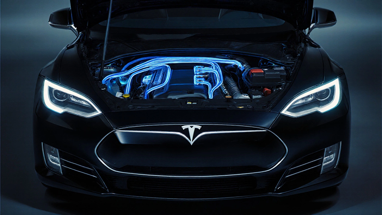 Electric vehicle cooling system with glowing blue coolant loops connecting battery and inverter, hidden radiator behind bumper.