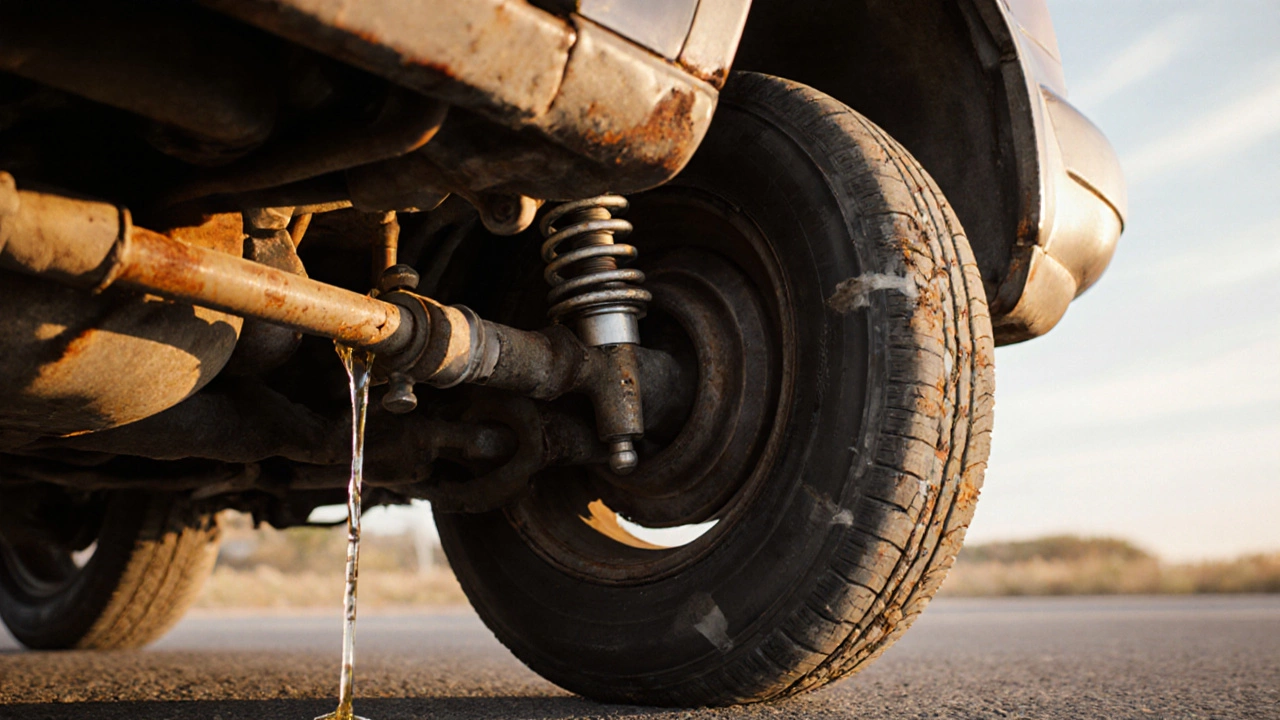 Exposed car suspension with leaking shocks and uneven tire wear