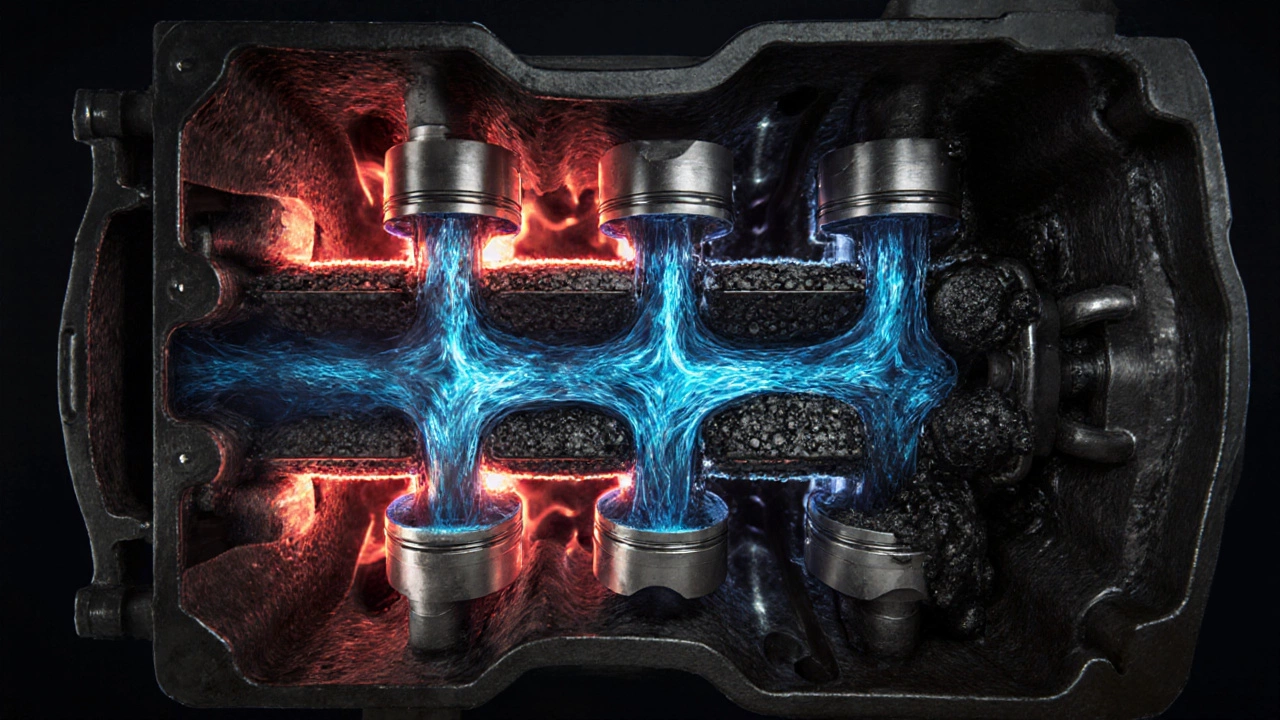 Internal engine view showing oil circulating to cool hot zones and remove carbon deposits.