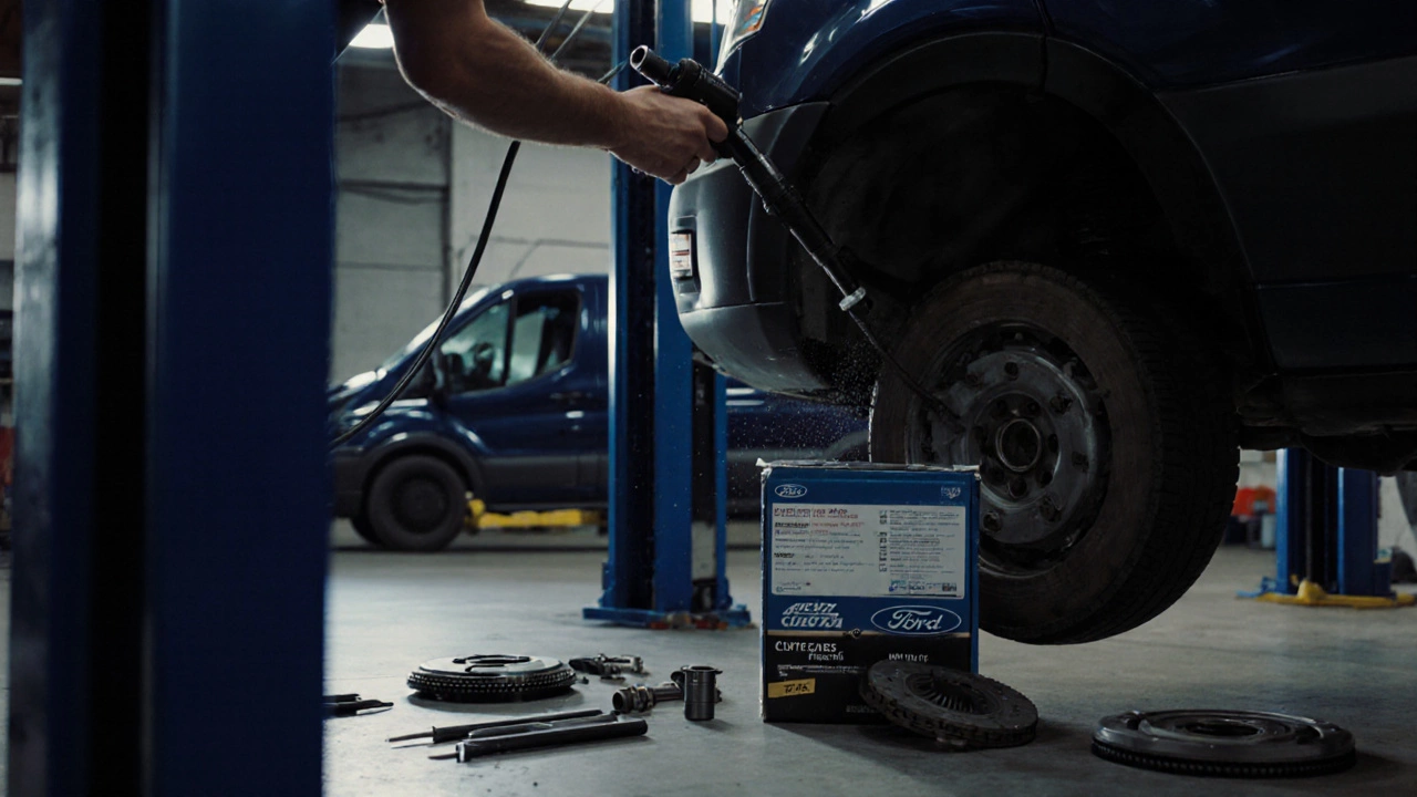 Mechanic inspecting clutch with borescope in garage, tools and clutch kit visible under work lights.