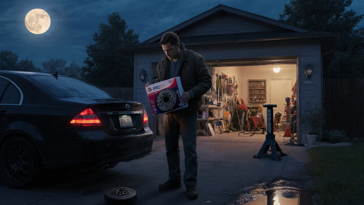 Person holding cheap clutch kit beside car in dim driveway, flywheel visible underneath.