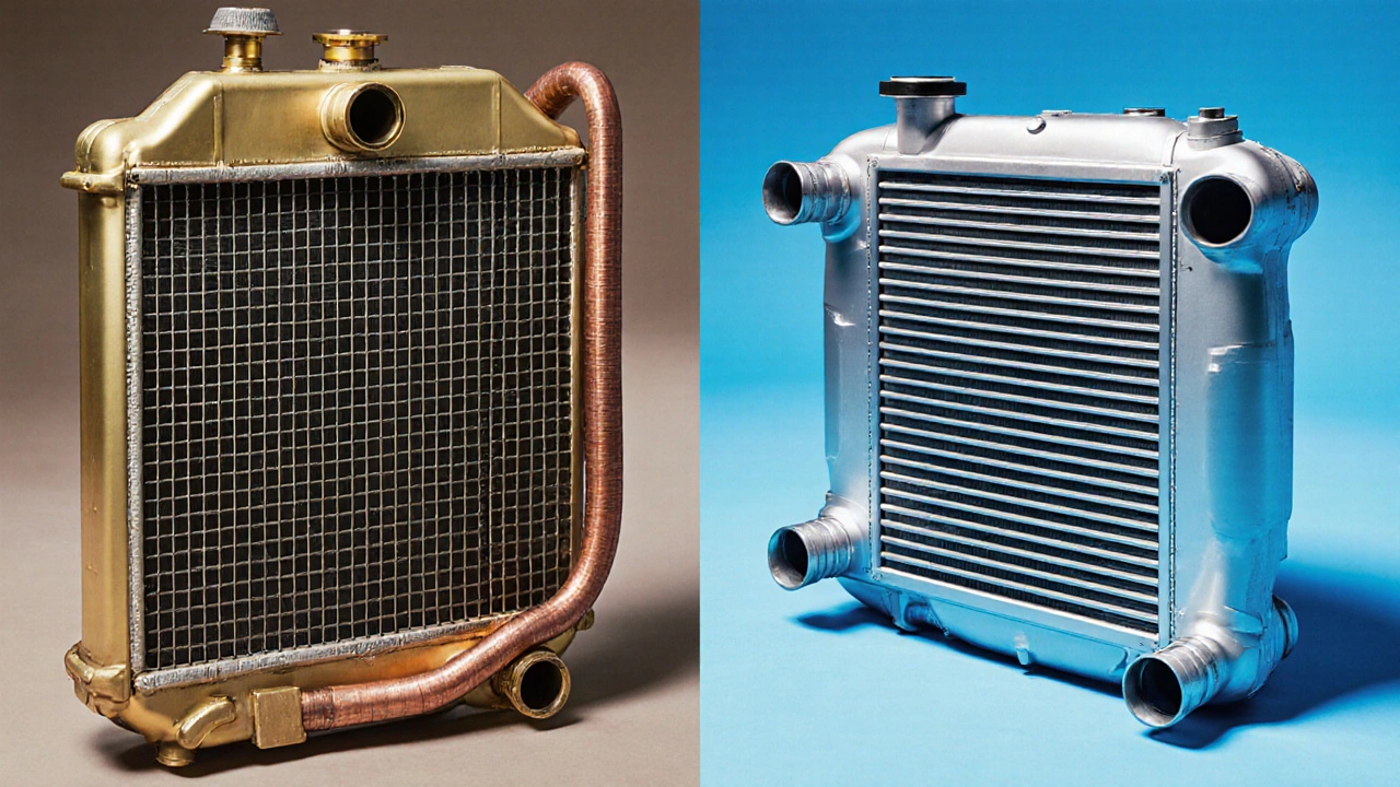 Side-by-side comparison of old brass radiator and modern integrated cooling module in automotive design.