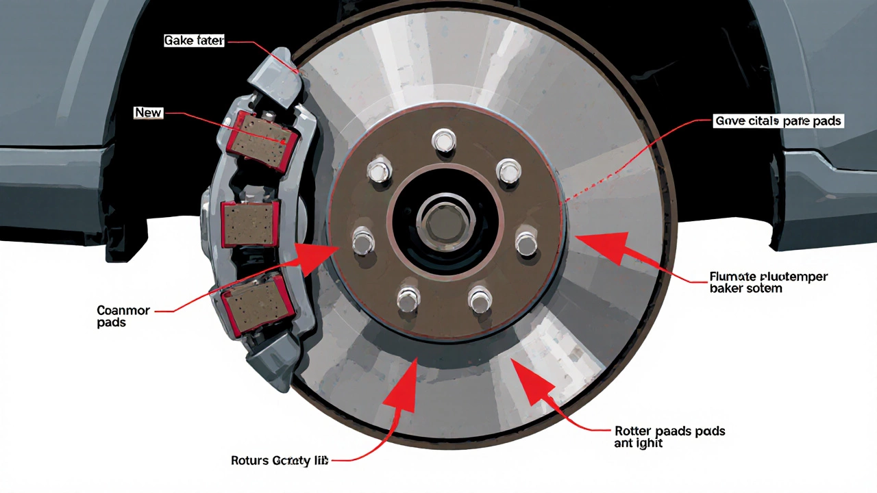 Technical cross-section diagram of brake system showing worn and new brake pads.