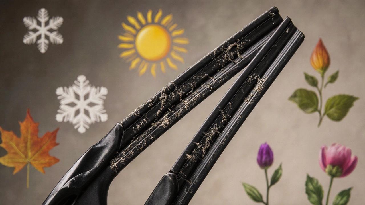 Worn and new windshield wiper blades side by side, showing wear differences.