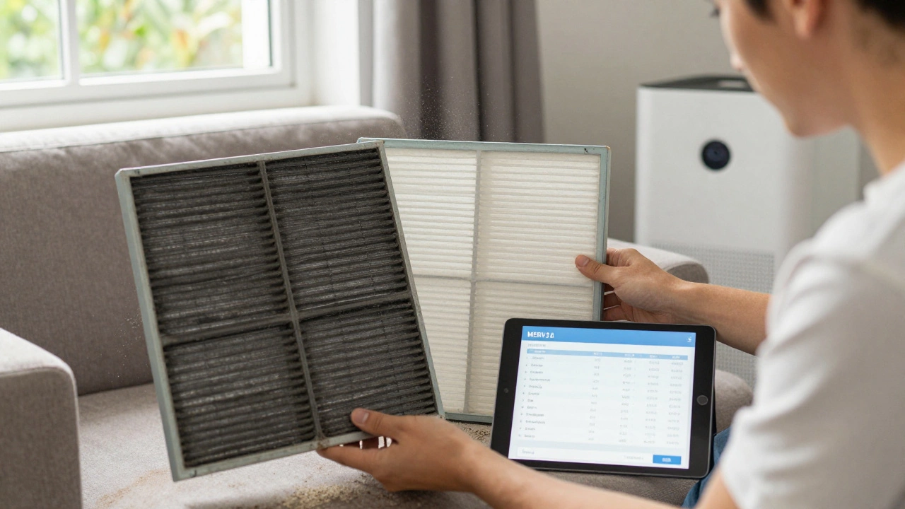 A homeowner holding a clogged air filter next to a clean one, with dust accumulating in the room and a HEPA purifier running nearby.