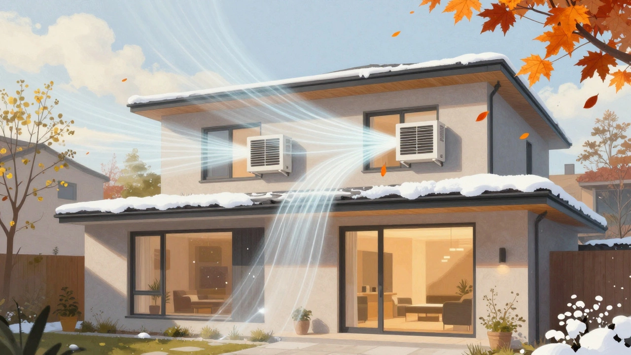 A house with seasonal elements like pollen, AC vents, and leaves connected by an airflow path.