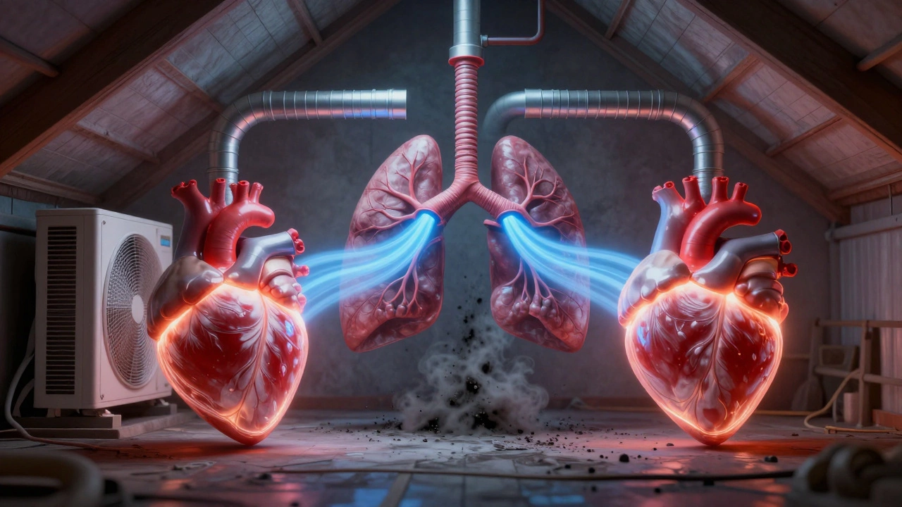 Conceptual image of a split HVAC system as two glowing hearts connected by ducts, symbolizing clean air flow.