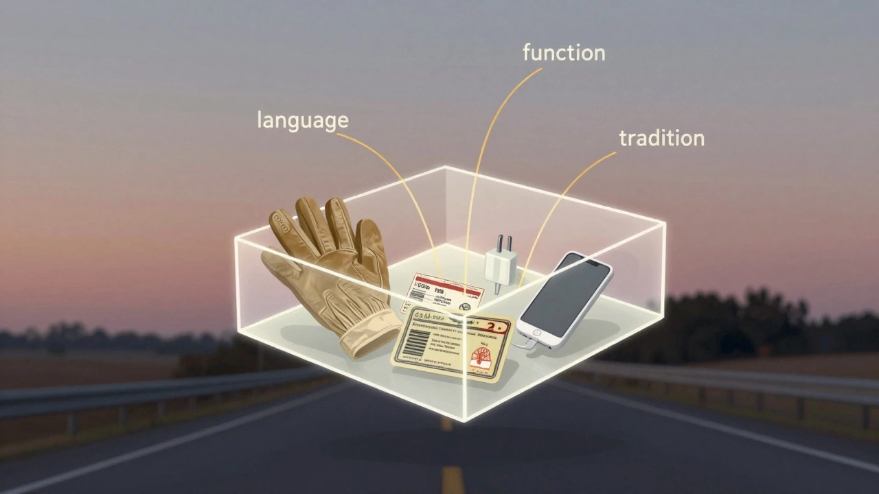 Floating glove box filled with historical items connected by golden threads.