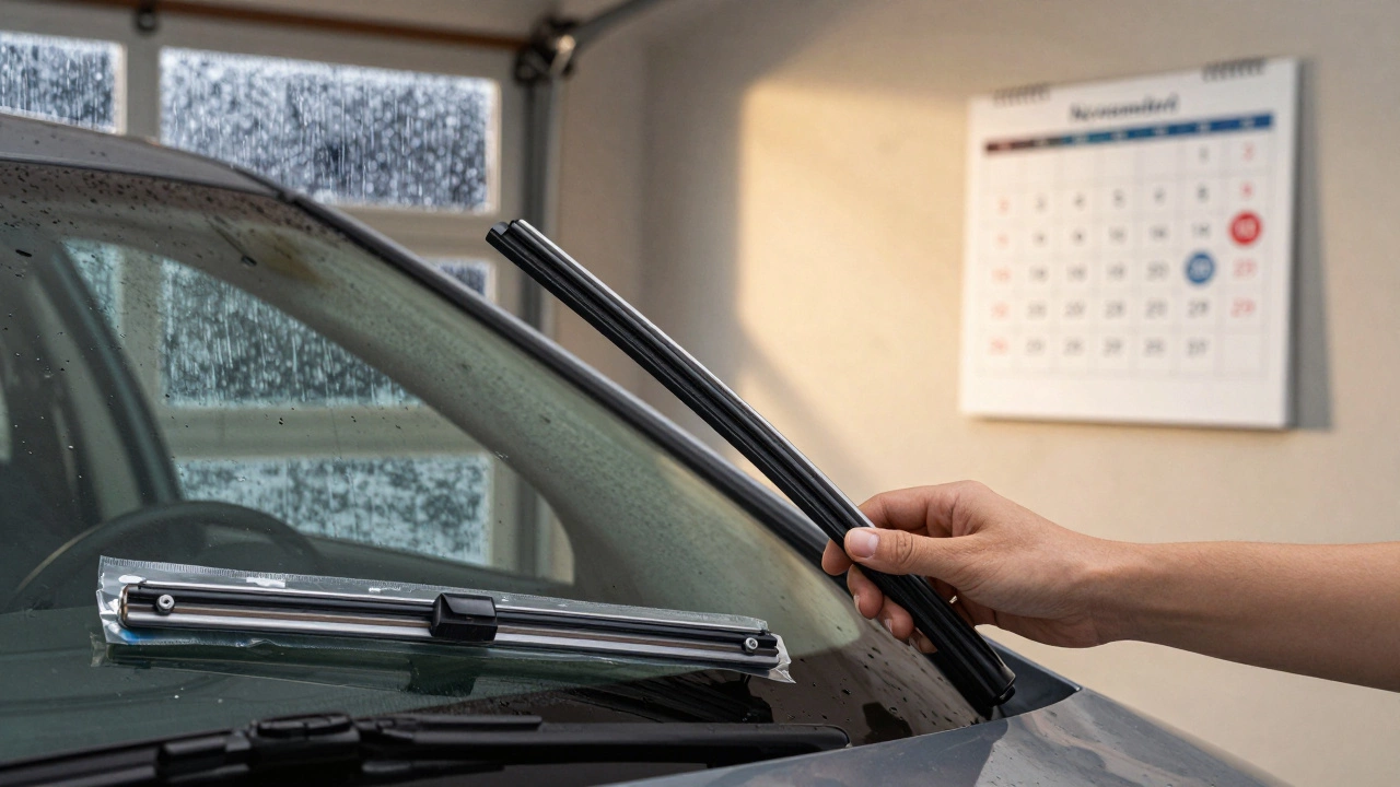 Hand placing new wiper blades in car trunk with a spare stored beside it.