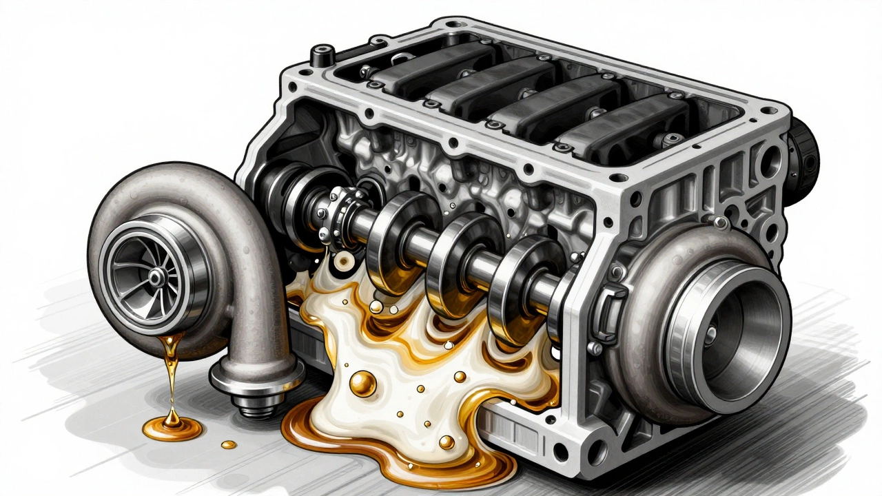 Internal engine parts starved of lubrication due to foamy oil.