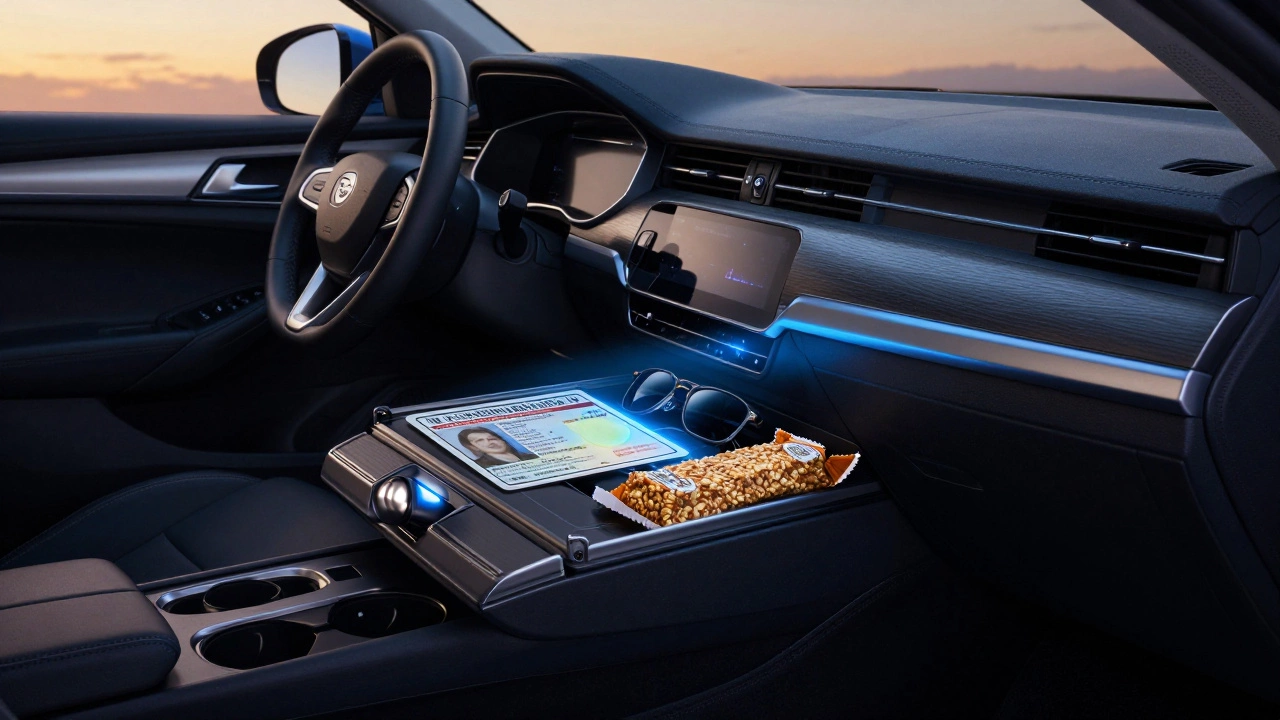 Modern car glove box open, revealing documents, sunglasses, and snacks.