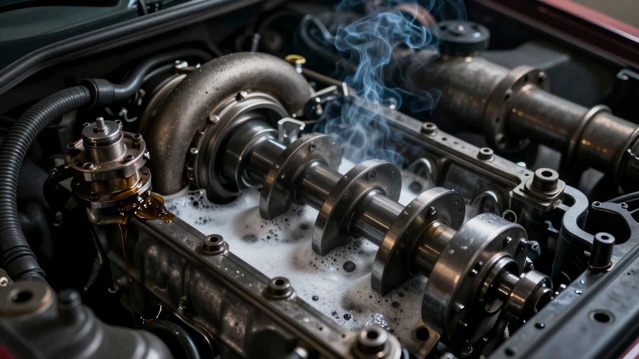 Oil leaking from a gasket with blue smoke rising from a turbo engine.