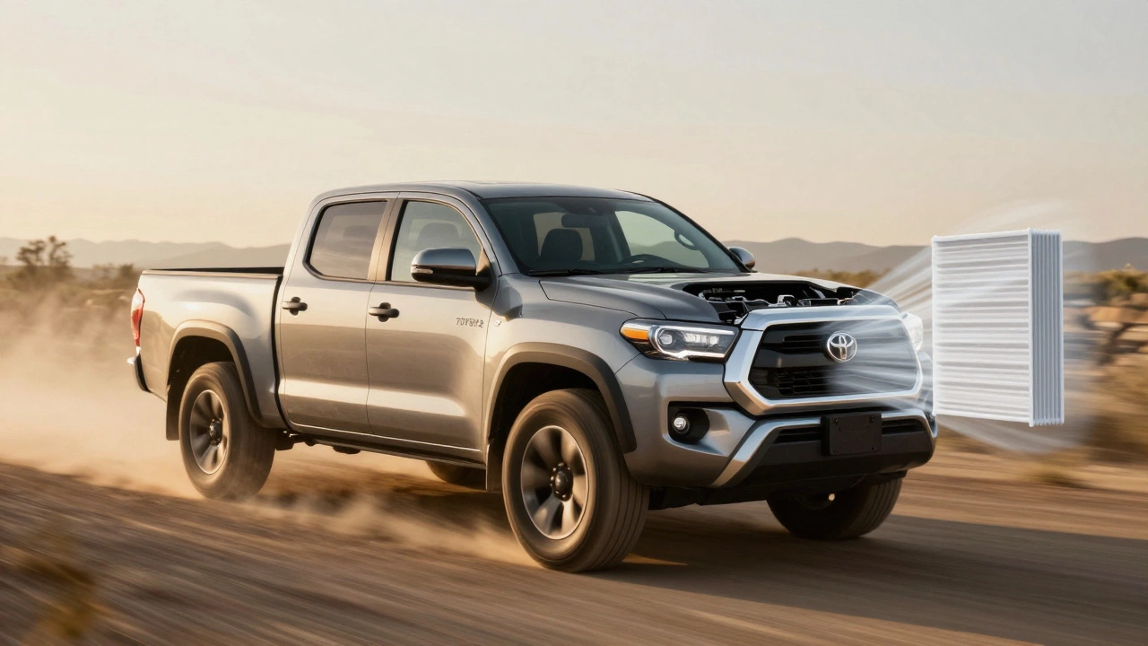 Pickup truck accelerating on a dusty road, clean air filter improving engine performance.