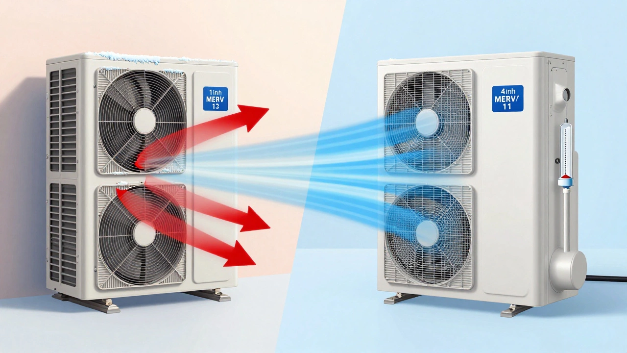 Side-by-side comparison of an old HVAC system with restricted airflow and ice buildup versus a newer system with efficient air movement.