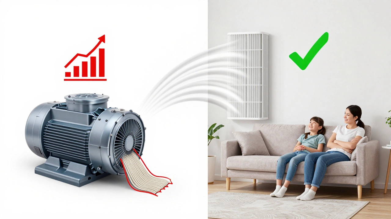 Split image: dirty filter causing system strain vs. clean filter enabling smooth, healthy airflow.