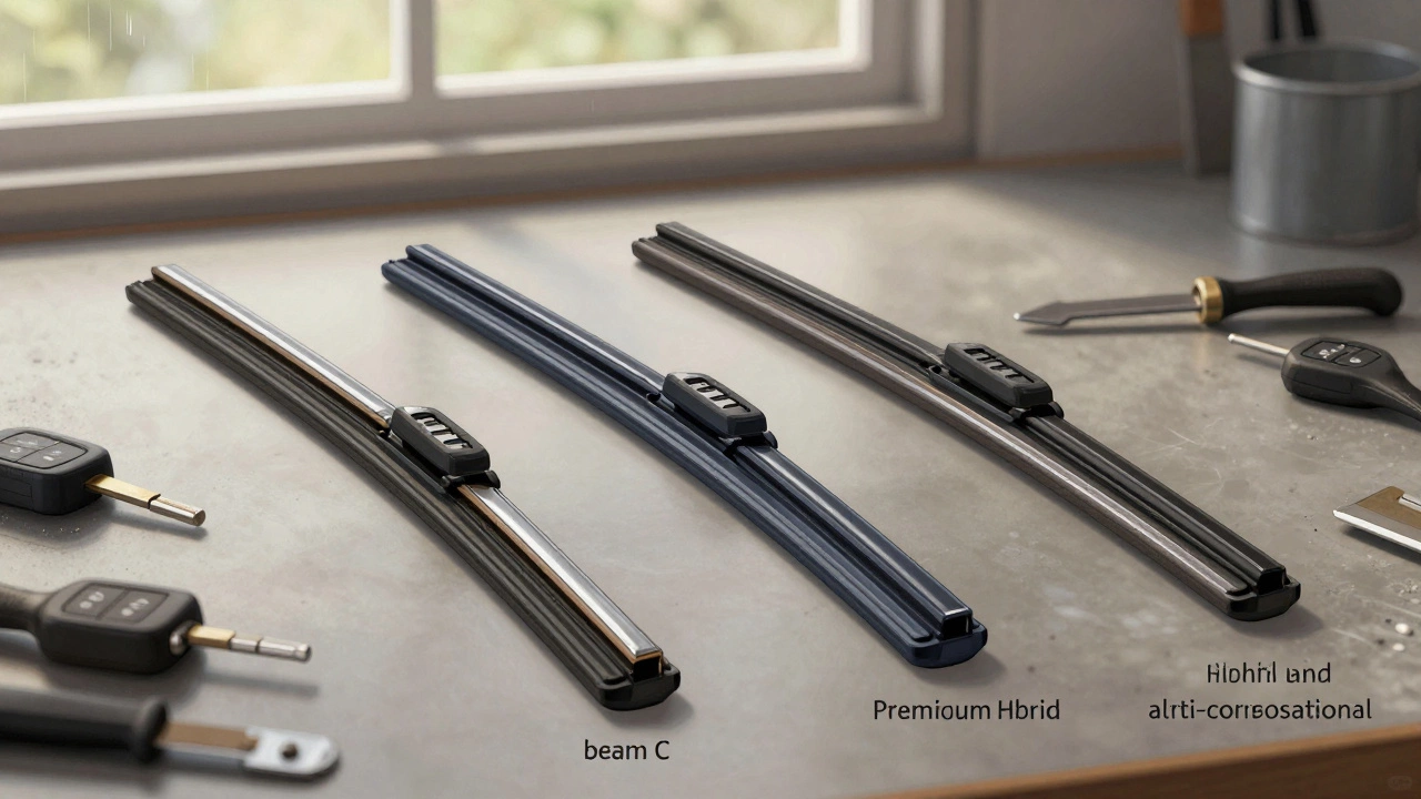 Three types of windshield wiper blades displayed on a workbench with tools nearby.