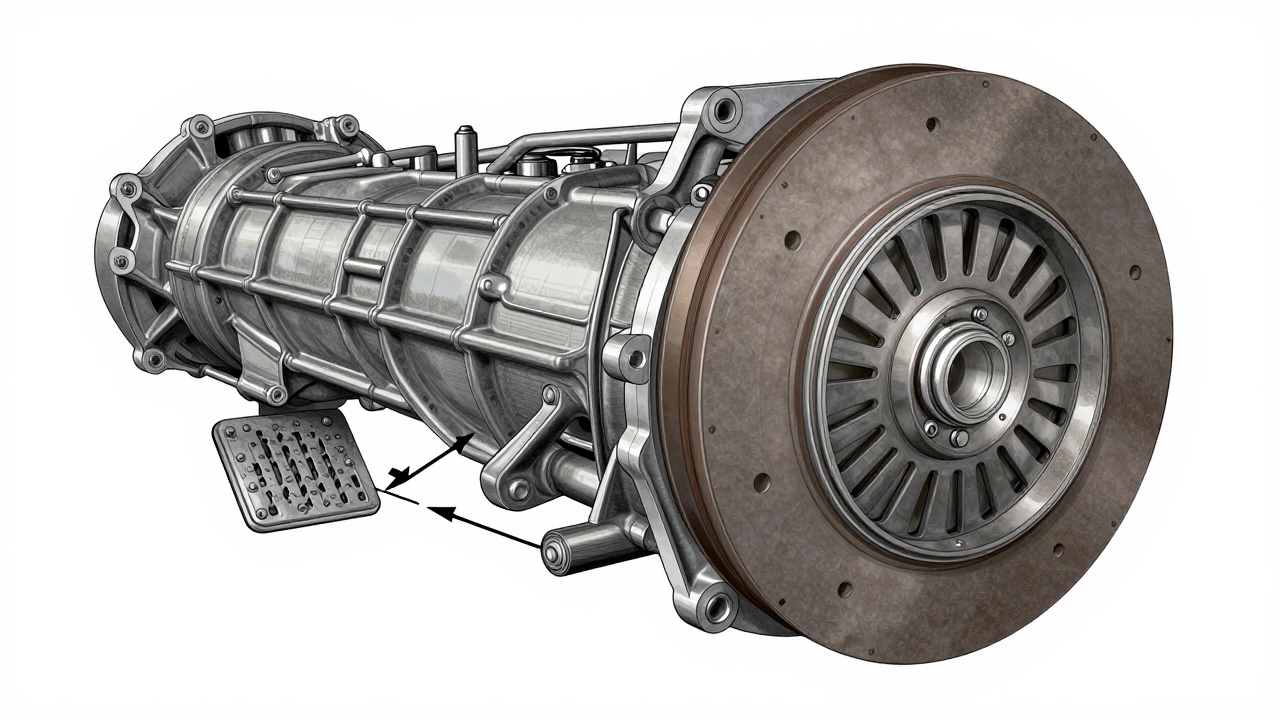 Cross-section of clutch system showing disc, pressure plate, and release bearing in mechanical detail.
