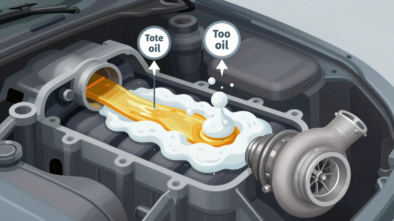 Engine cross-section showing correct vs. excessive oil levels and foam formation risks.