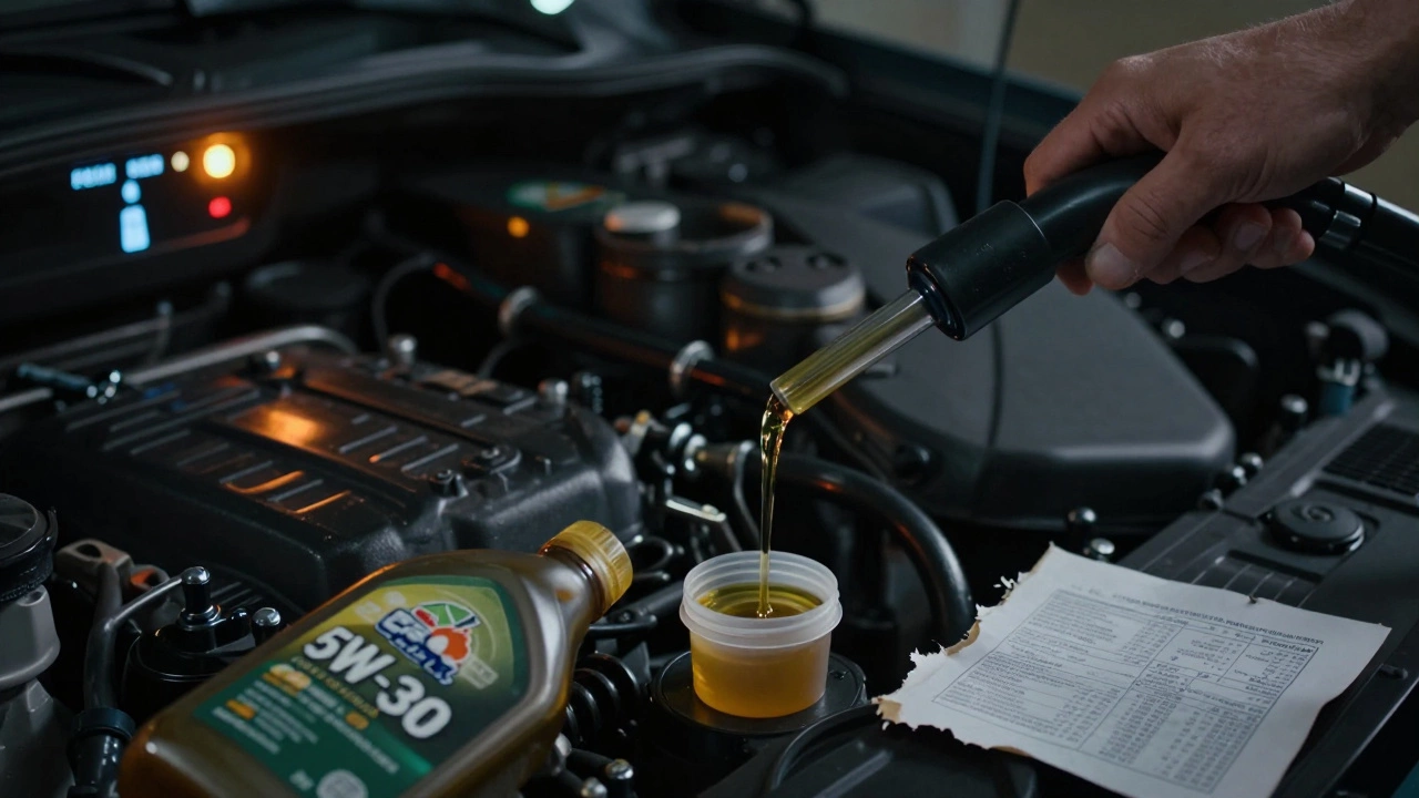 Hand removing excess oil from engine with suction pump, oil light glowing in background.