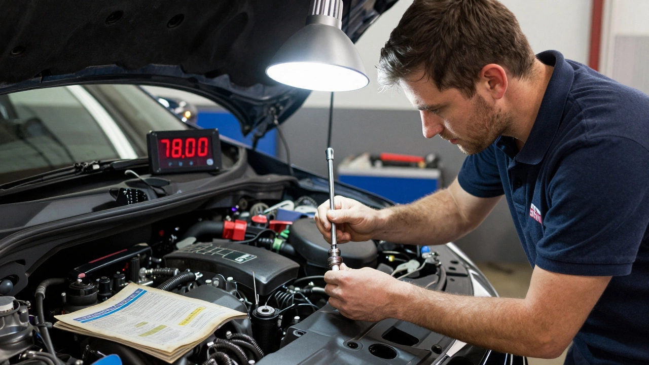 Mechanic installing a new spark plug in a Honda Civic engine with a torque wrench in a well-lit garage.
