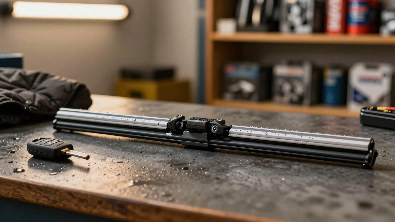 Mid-range wiper blades on a wet workbench with car key and winter coat nearby.