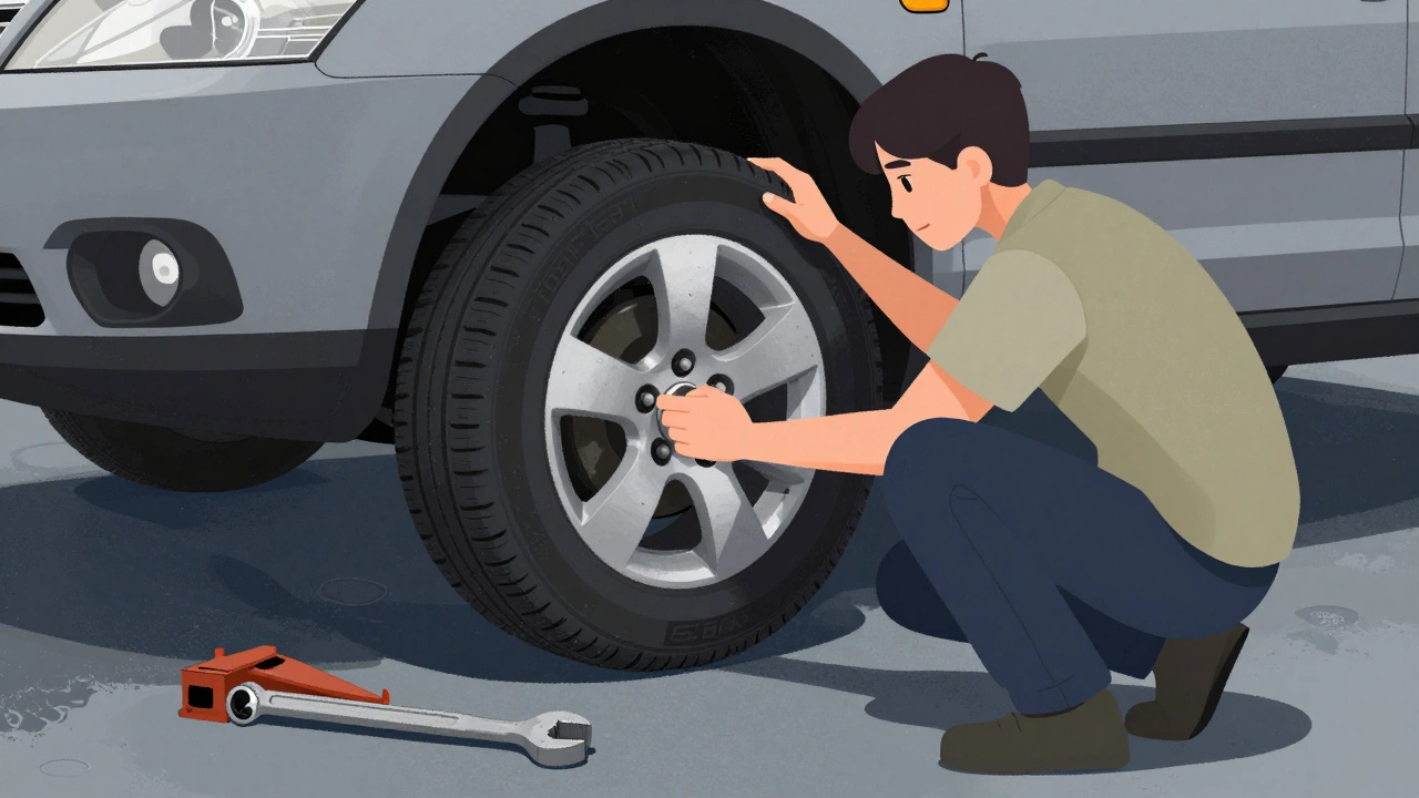 Person checking tire play while car is jacked up