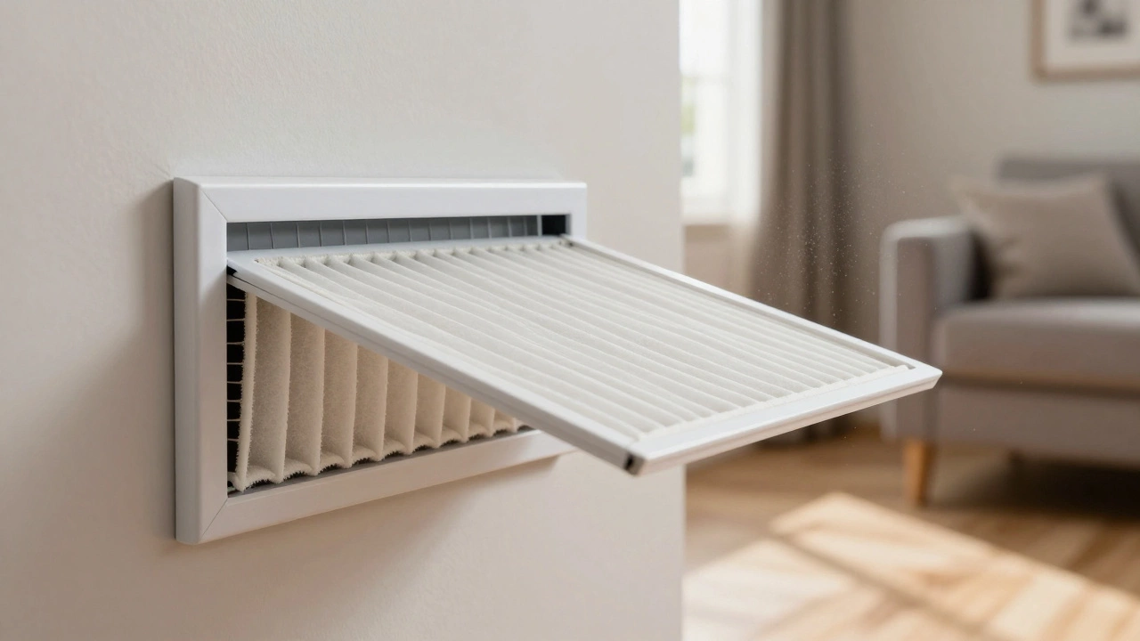 Return air grille with filter removed, showing pleated filter material behind it in a British living room.