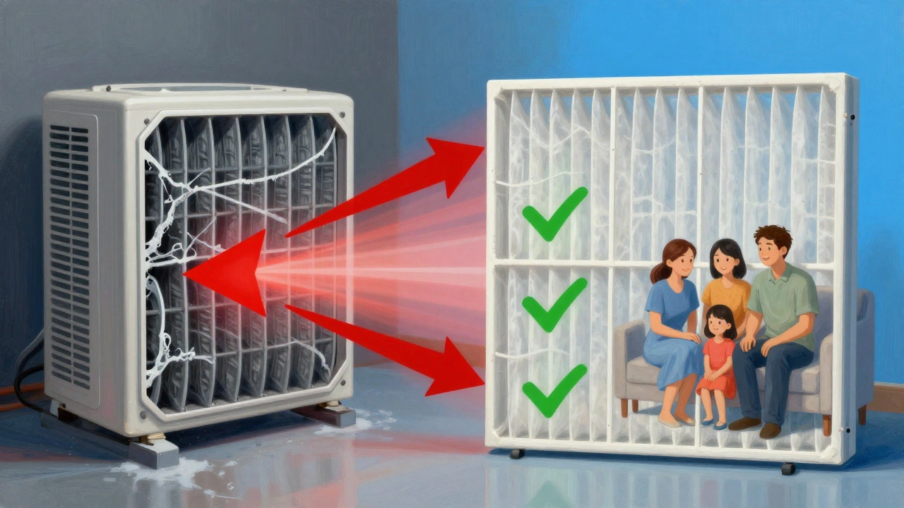 Split image contrasting a clogged filter causing system failure with a clean filter ensuring cool air flow.