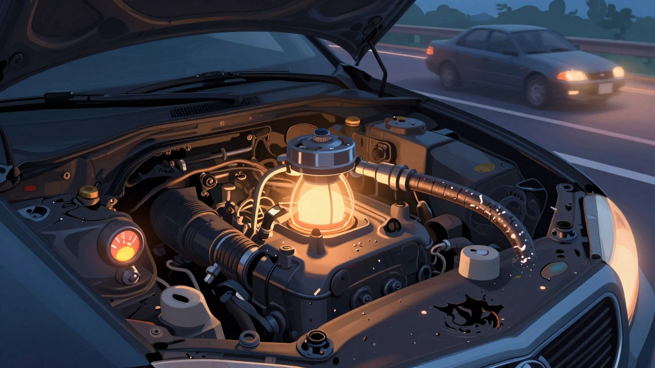 Symbolic illustration of a failing fuel pump with low fuel warning and highway scene.