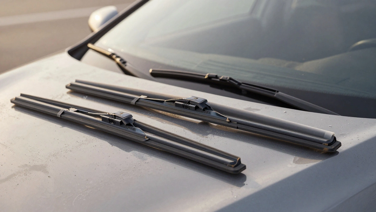 Timeline of wiper blades: three worn rubber blades next to one intact silicone blade after two years.
