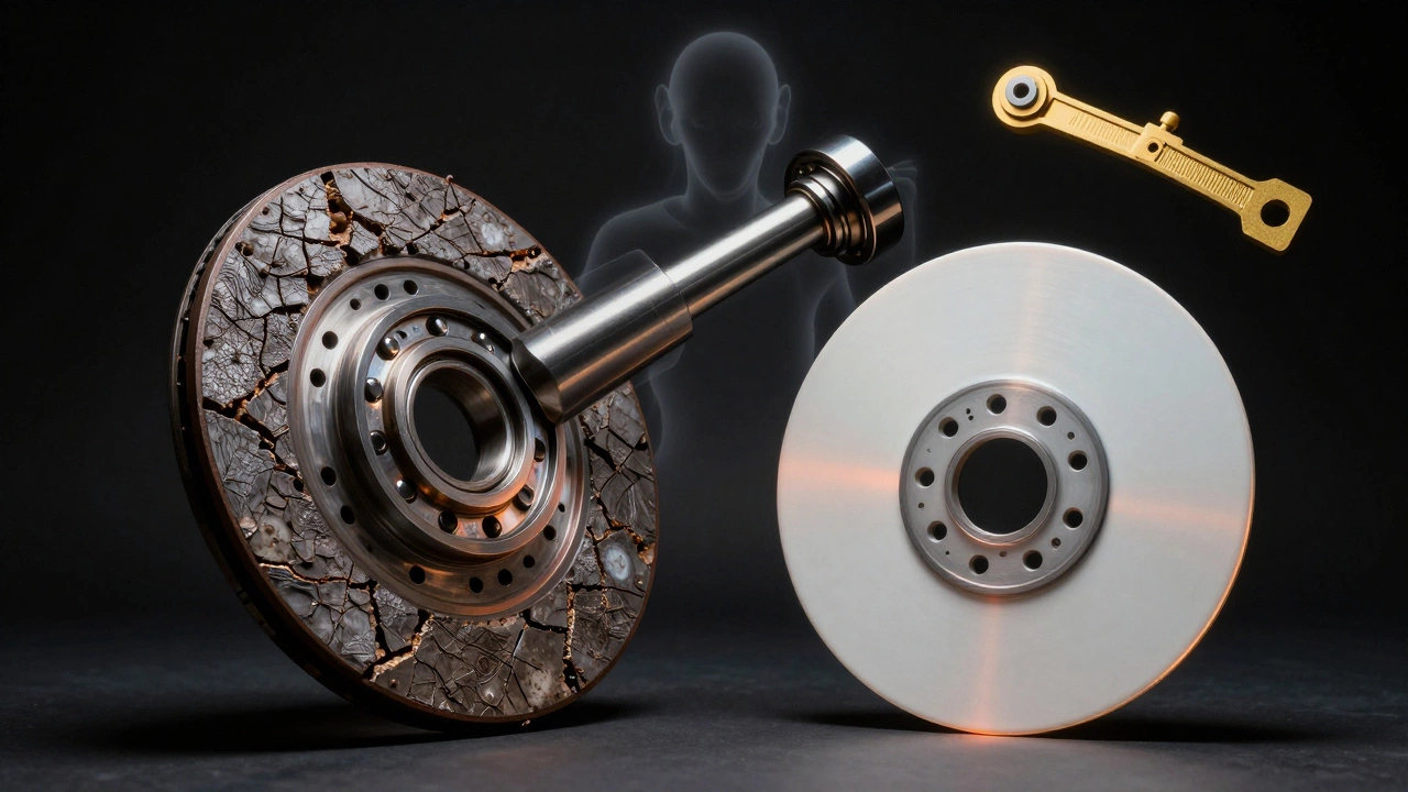 Worn clutch disc versus new ceramic disc with pilot bearing failure in silhouette.