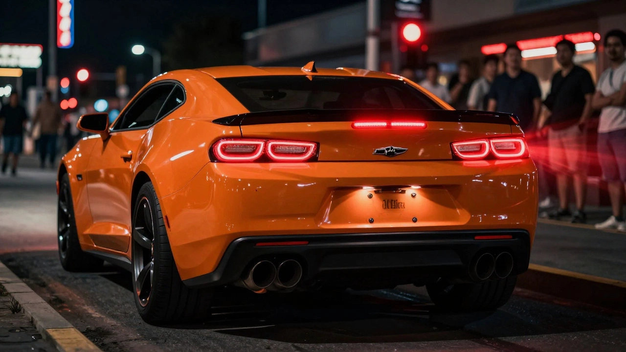 A Camaro with Flowmaster exhaust growling loudly at a city intersection.