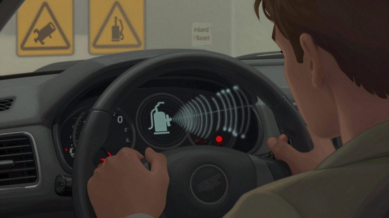 A driver staring at a car dashboard with visualized warning signs of a failing fuel pump.