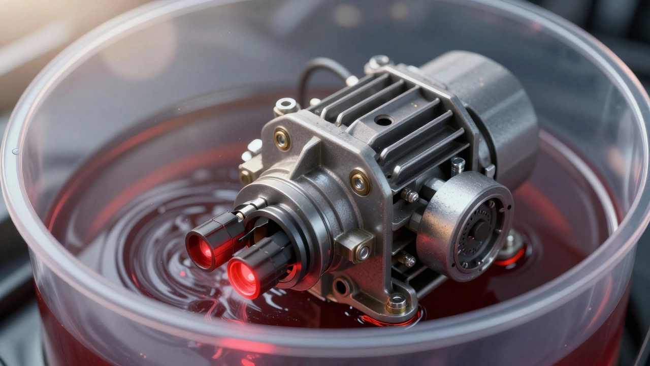 A transparent fuel tank showing a failing electric fuel pump submerged in gasoline with debris swirling around.