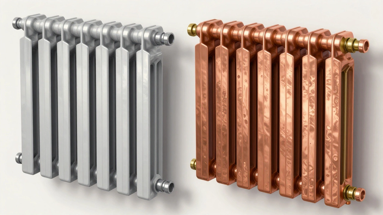 Close-up comparison of aluminum and copper-brass radiator materials