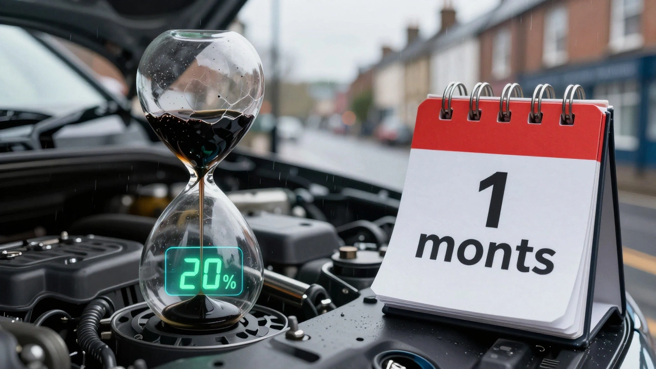 Digital oil monitor with hourglass pouring oil, symbolizing time-based oil degradation.