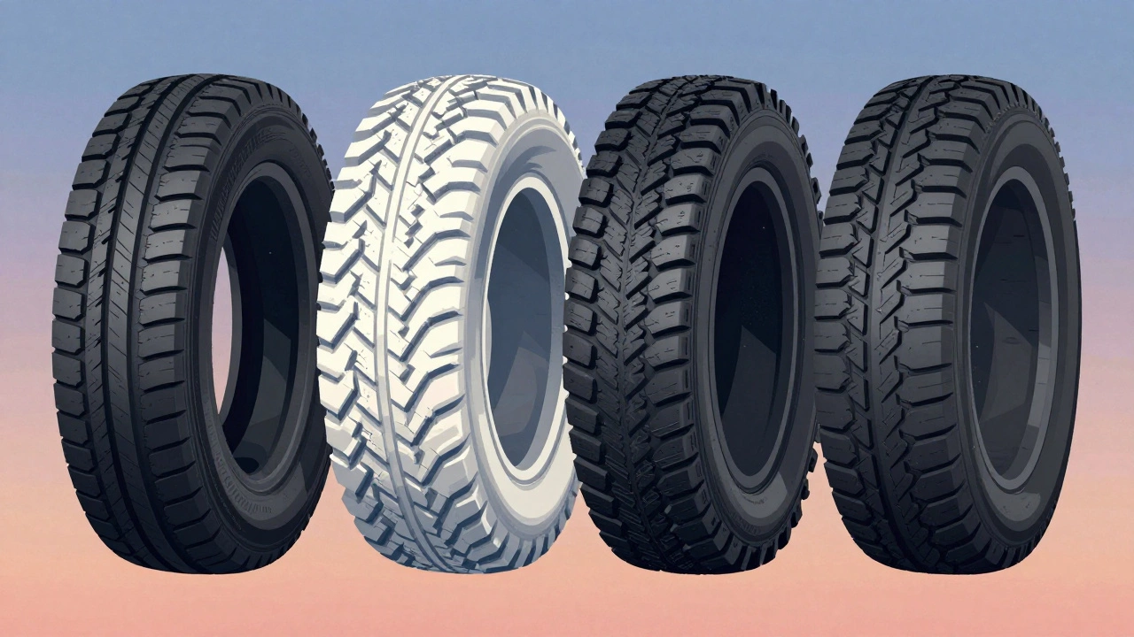 Four different types of car tires with detailed tread patterns arranged diagonally.