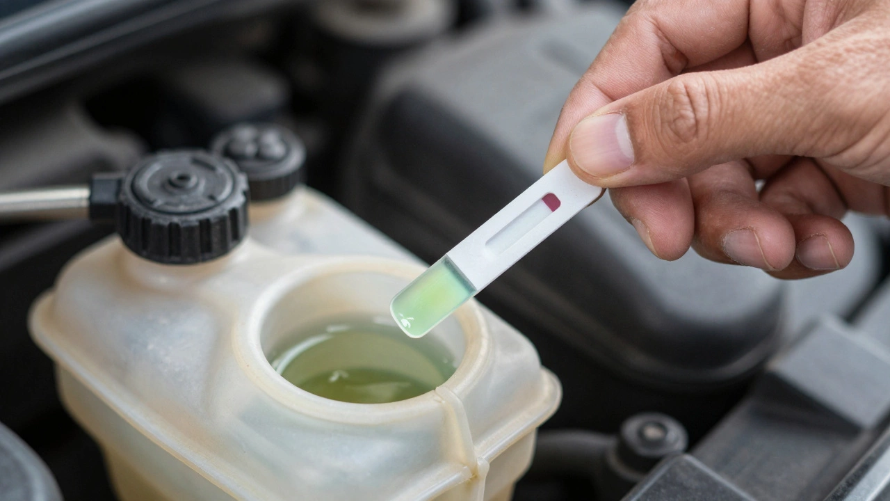 Hand holding coolant test strip showing color change in reservoir