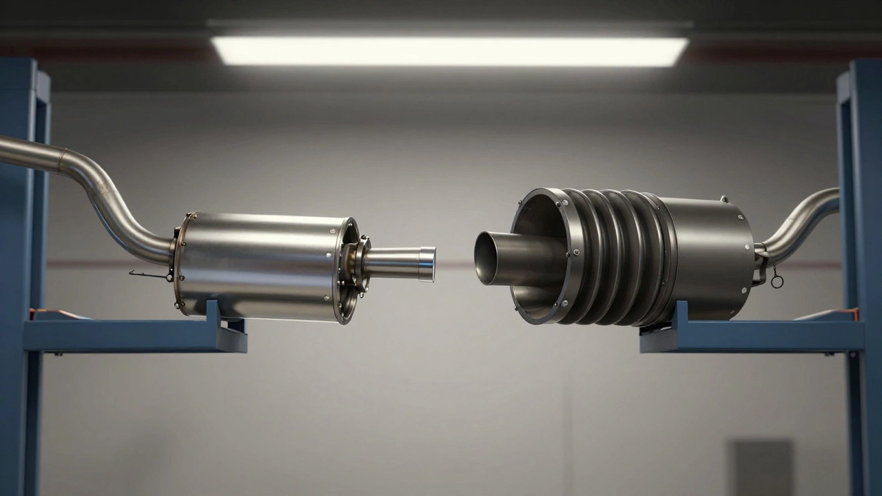 Side-by-side view of MagnaFlow and Flowmaster exhaust systems under a lift.