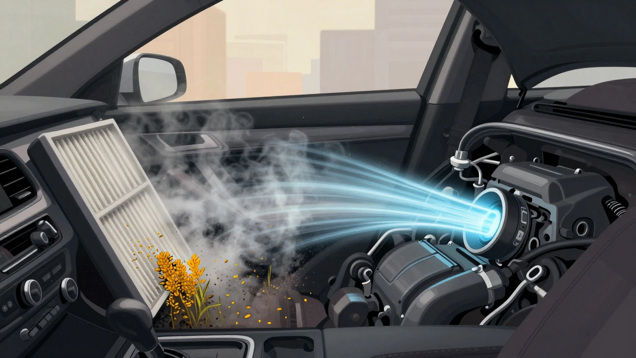 Split view of a car showing polluted air entering the cabin and clean air feeding the engine.