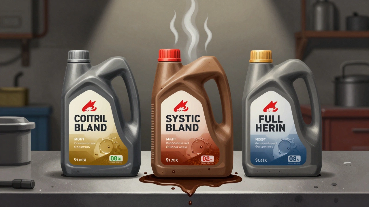 Three motor oil types side by side, showing differences in cleanliness and contamination.