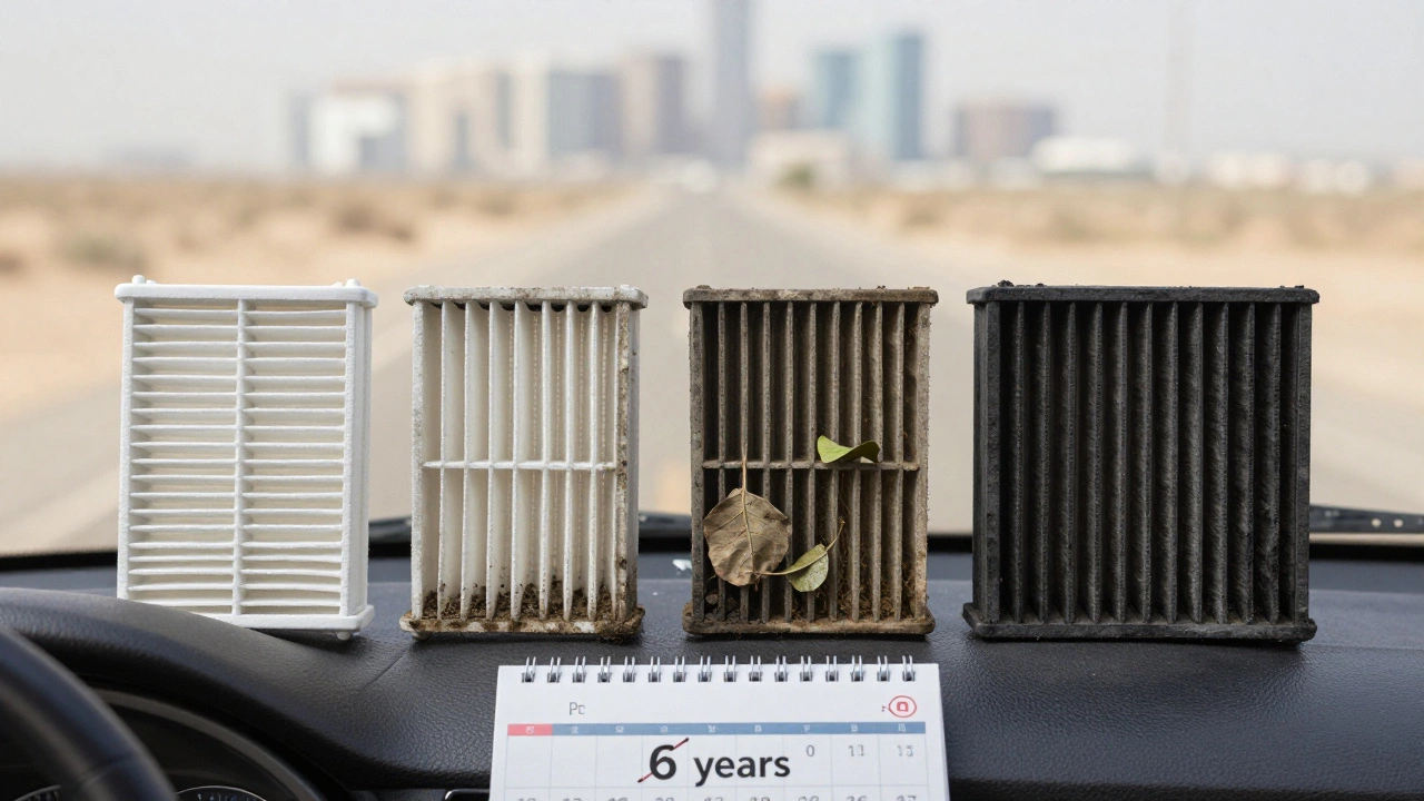Timeline of an air filter going from clean to completely clogged with dirt and debris over six years.
