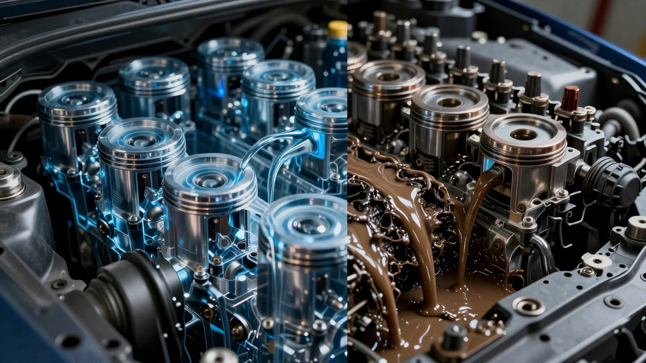 Transparent engine view comparing clean oil flow versus sludge blockage in vital parts.