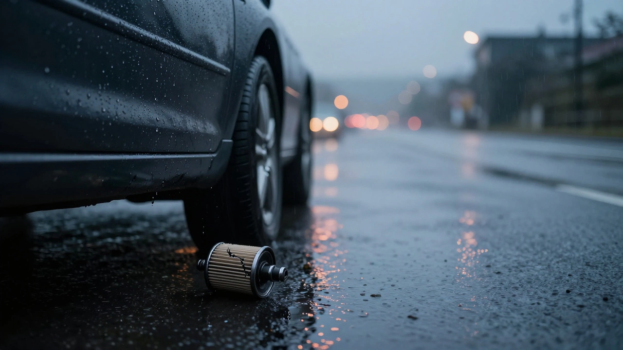A car parked on a wet road at dusk, oil dripping from its engine into a reflective puddle, with a cracked oil filter nearby.