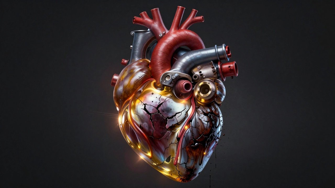 A human heart shaped like an engine, one side flowing with clean oil, the other choked with sludge and rust, symbolizing engine decay.