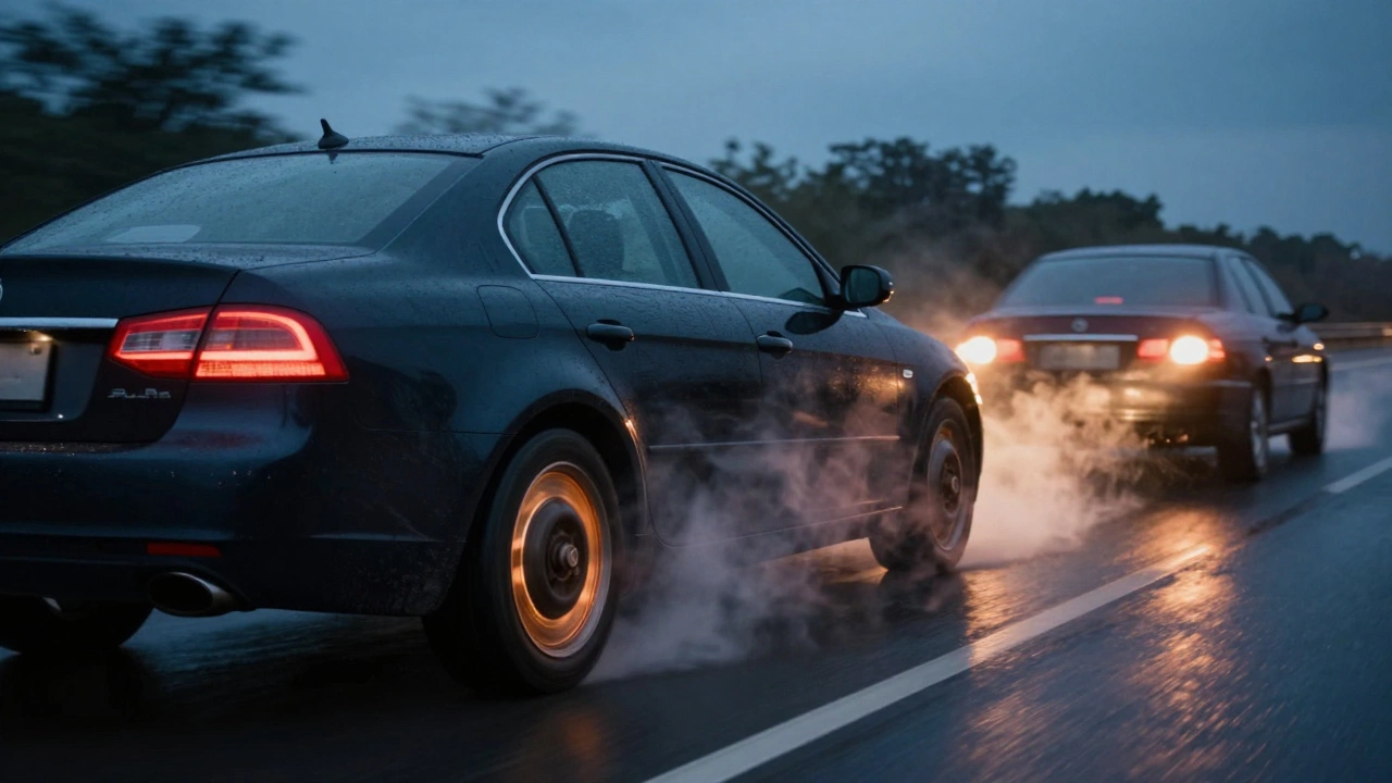 Car braking on a wet highway with steam rising from overheated rotors, emphasizing delayed stopping distance.