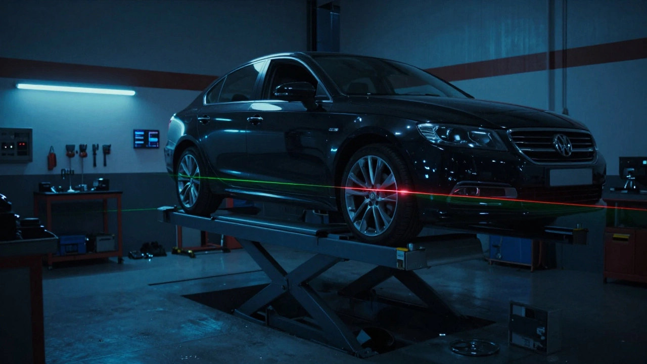 Car on wheel alignment rack with laser beams