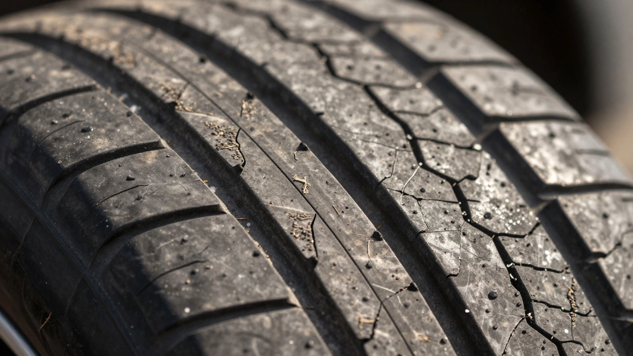 Close-up of hand checking uneven tire tread wear patterns