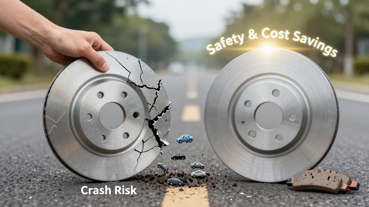Comparison of damaged and new brake rotor with symbolic icons showing risk versus safety.